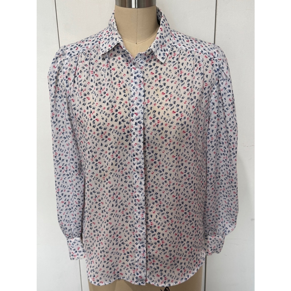 Summerfield semi sheer button up Blouse Size 8 White Blue Red print